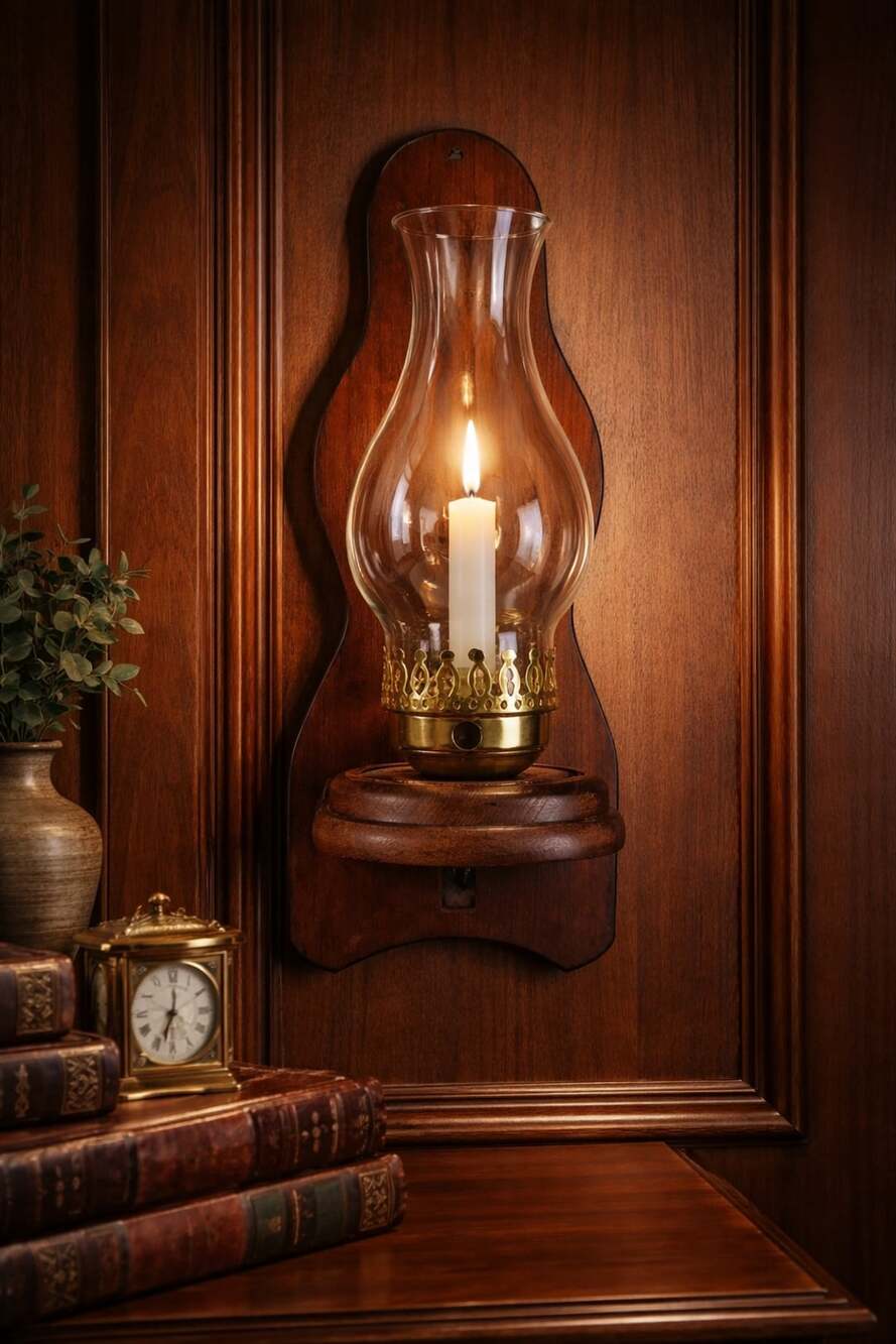 Vintage Wooden Wall Sconce Candle Holder Hurricane Glass Chimney